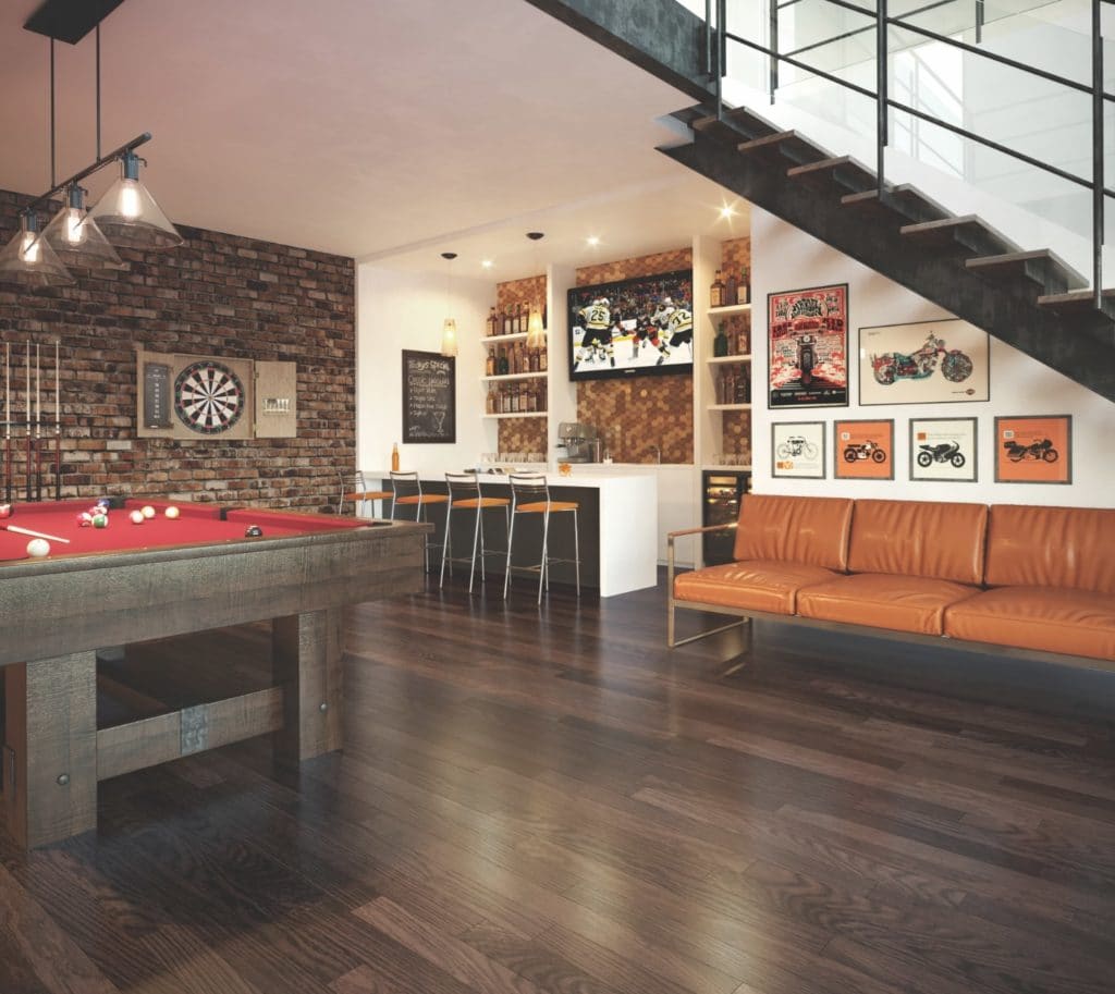 Cozy modern living room with a pool table and stylish seating.