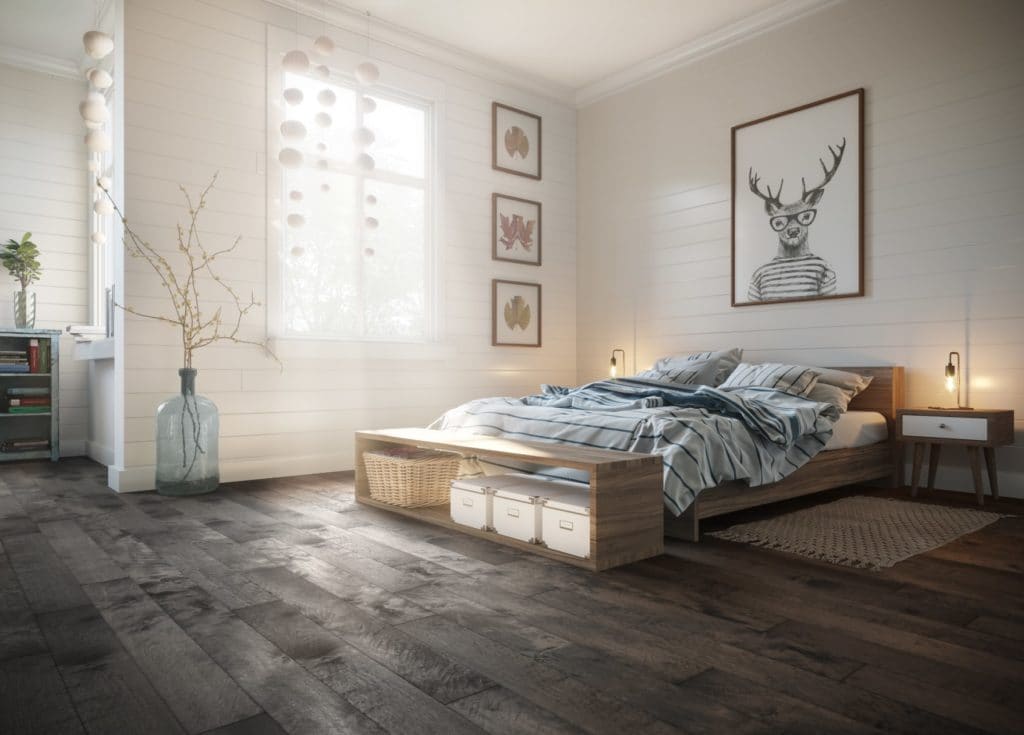 Cozy bedroom with rustic wooden bed and soft natural light.