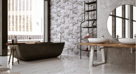 Modern bathroom with marble floors and a spiral staircase.