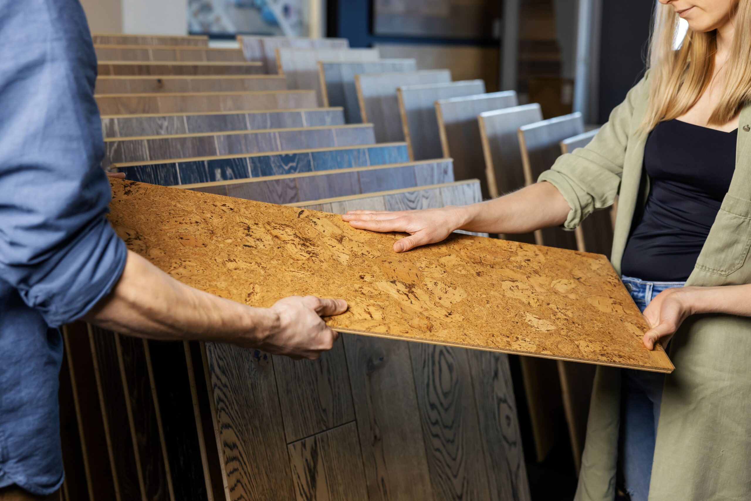 Two people comparing wood flooring samples in a store.